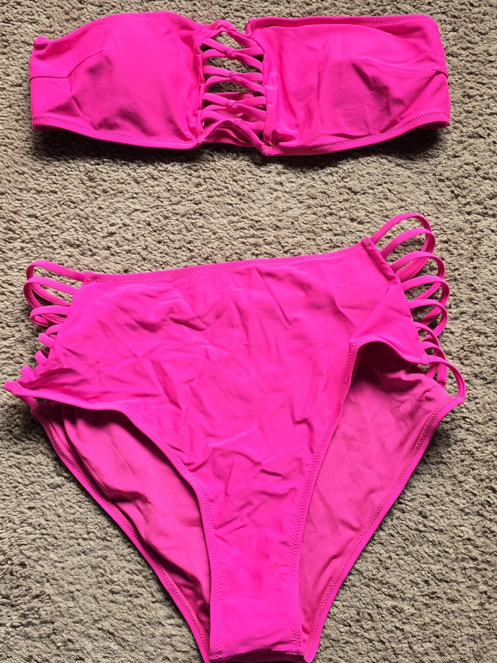 Women's Hot Pink Strappy Bandeau Bikini Set